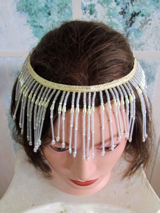 ROARING 20s BEADED CAP w LONG BEAD FRINGE + BEADED HEADBAND for FLAPPER COSTUMES main image 4